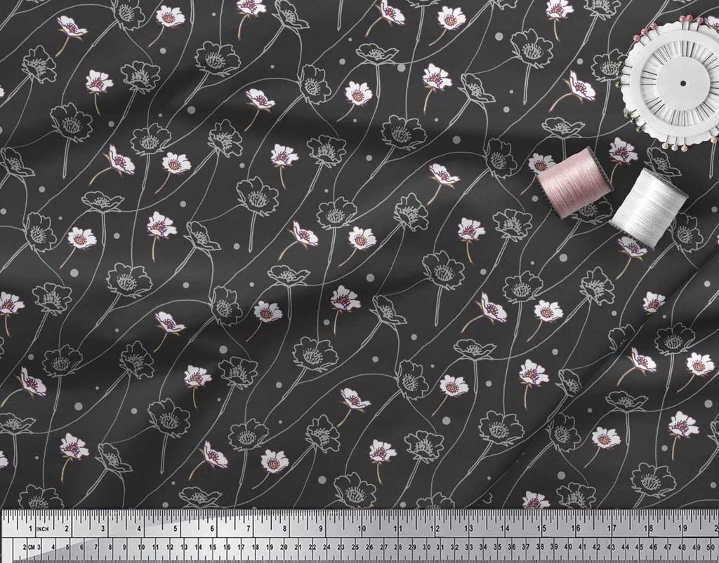 Soimoi Black Poly Crepe Fabric Dot|Leaves & Floral Artistic Decor Fabric Printed BTY 42 Inch