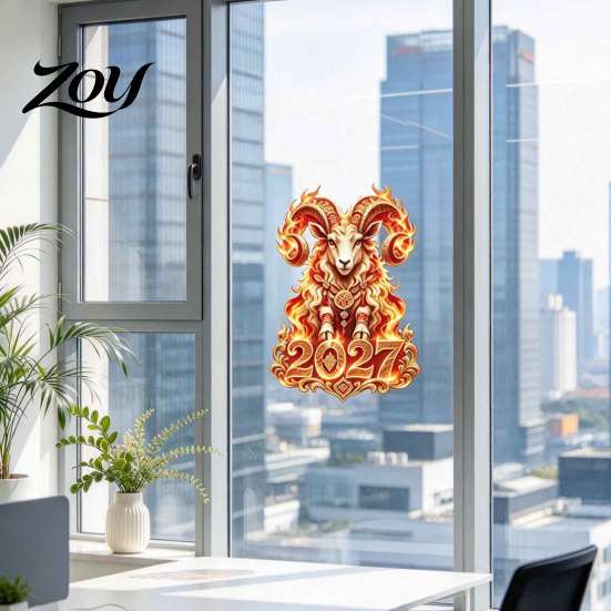 Holiday Atmosphere Decorations 2027 Russian New Year Flame Goat Static Glass Sticker, PVC Zodiac Sheep Window Cling for Home and Transparent