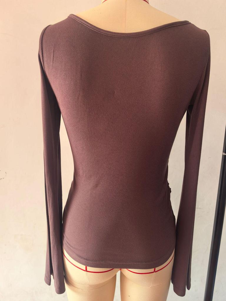 2025 Autumn Slim Fit Women's Boat Neck Bell Sleeve Ruched Top - Solid Color, Long Sleeve