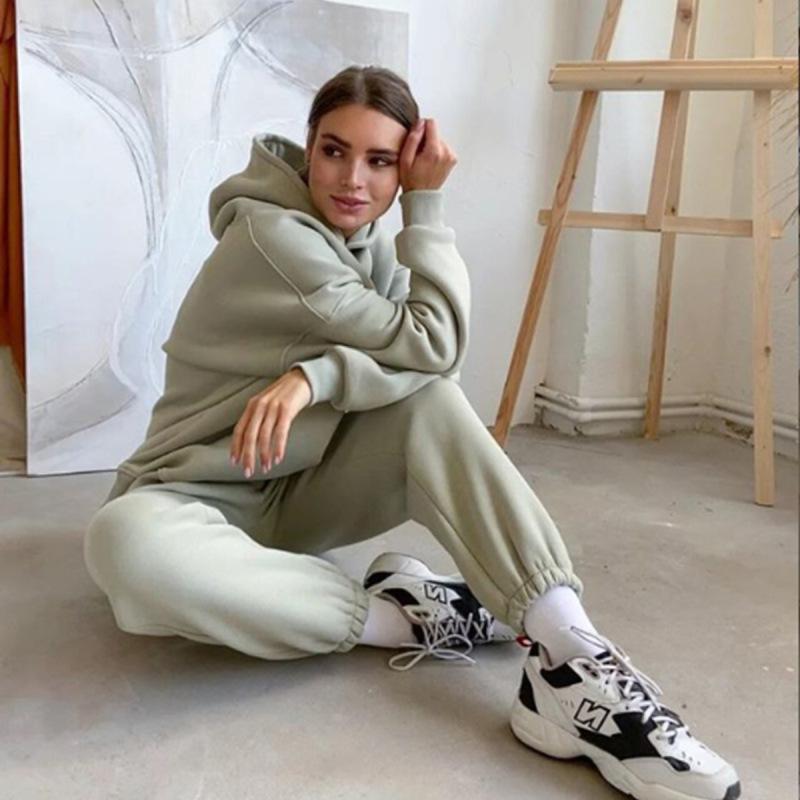 Флисовые спортивные костюмы с капюшоном, женские теплые топы с капюшоном и длинными рукавами, брюки с эластичной резинкой на талии, женские комплекты из двух предметов, женские наряды