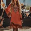 Womens Summer Dress Fashion Casual Fit Flowy Lace Loose Print Long Sleeve V Neck Dress