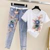 Summer Fashion Women Loose Embroidery Short Sleeve Top and Cropped Jeans Suit Casual Two-piece Set Female Plus Size