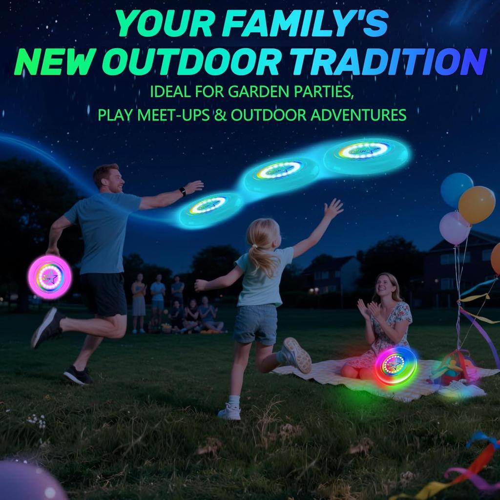 Ультраяркий летающий диск, светящийся летающий диск - 12 интеллектуальных световых программ, перезаряжаемый и ударопрочный (Идеально для ночных игр, вечеринок в саду,)