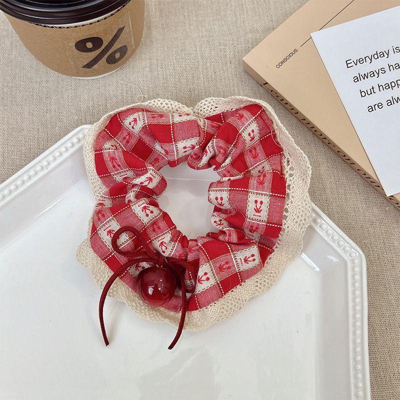 1pc Korean Style Cherry Wind Headband Spring New Red Checkered Cherry Square Scarf Large Intestine Headband