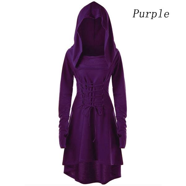 Womens Gothic Punk Cosplay Hooded Cloak Cape Coats Witch Swing Dress Costume