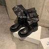 For Comparison~ Leather Thick-soled Belt Buckle Western Boots Women's Mopping Boots Wrinkled Stacking Boots Medium Long Tube Pants Tube Boots