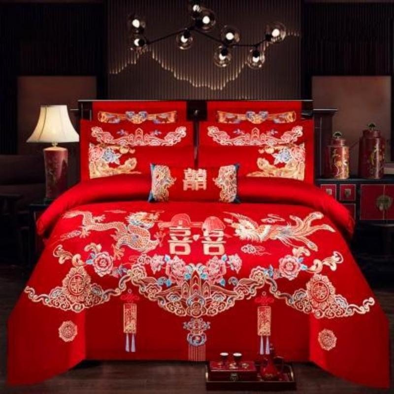Новый китайский стиль большая красная вышивка свадебный пододеяльник полированное свадебное постельное белье свадебный комплект из четырех предметов многопредметный набор