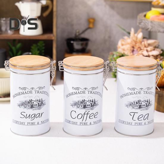 3Pcs Coffee Sugar Canisters Set Large Capacity Easy To Clean Multipurpose Metal Tea Coffee Sugar Jars with Airtight Sealed Bamboo Lid