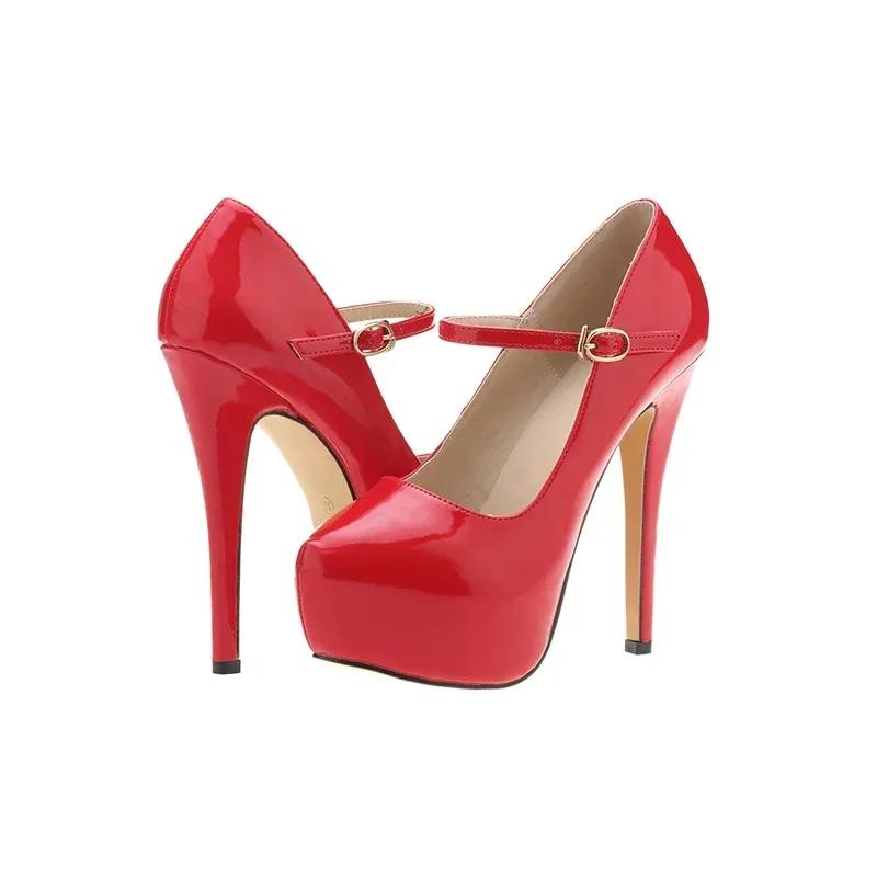 Женские туфли на платформе с высоким каблуком-шпилькой, сексуальные туфли с круглым носком 14 см, туфли-лодочки для танцев на пилоне, модные туфли для вечеринок с пряжкой, свадебные туфли, большой размер 44