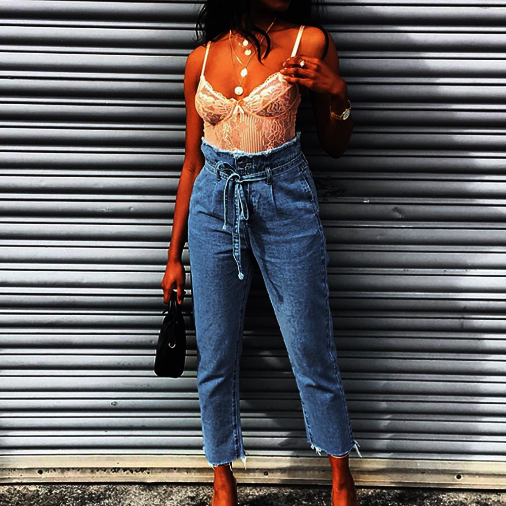 Women Plus Size High Waist Trimmings Slim Denim Skinny Jeans Pants Belt Trousers