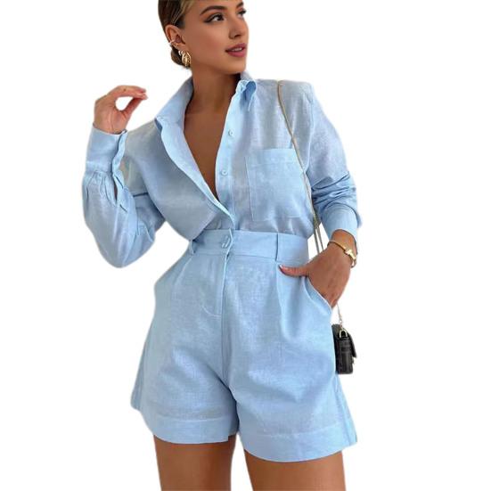 2 Pcs/Set Women Shirt Shorts Set Solid Color Long Sleeves Turn-down Collar Chest Pocket Blouse High Waist Loose Above Knee Length Pants Set