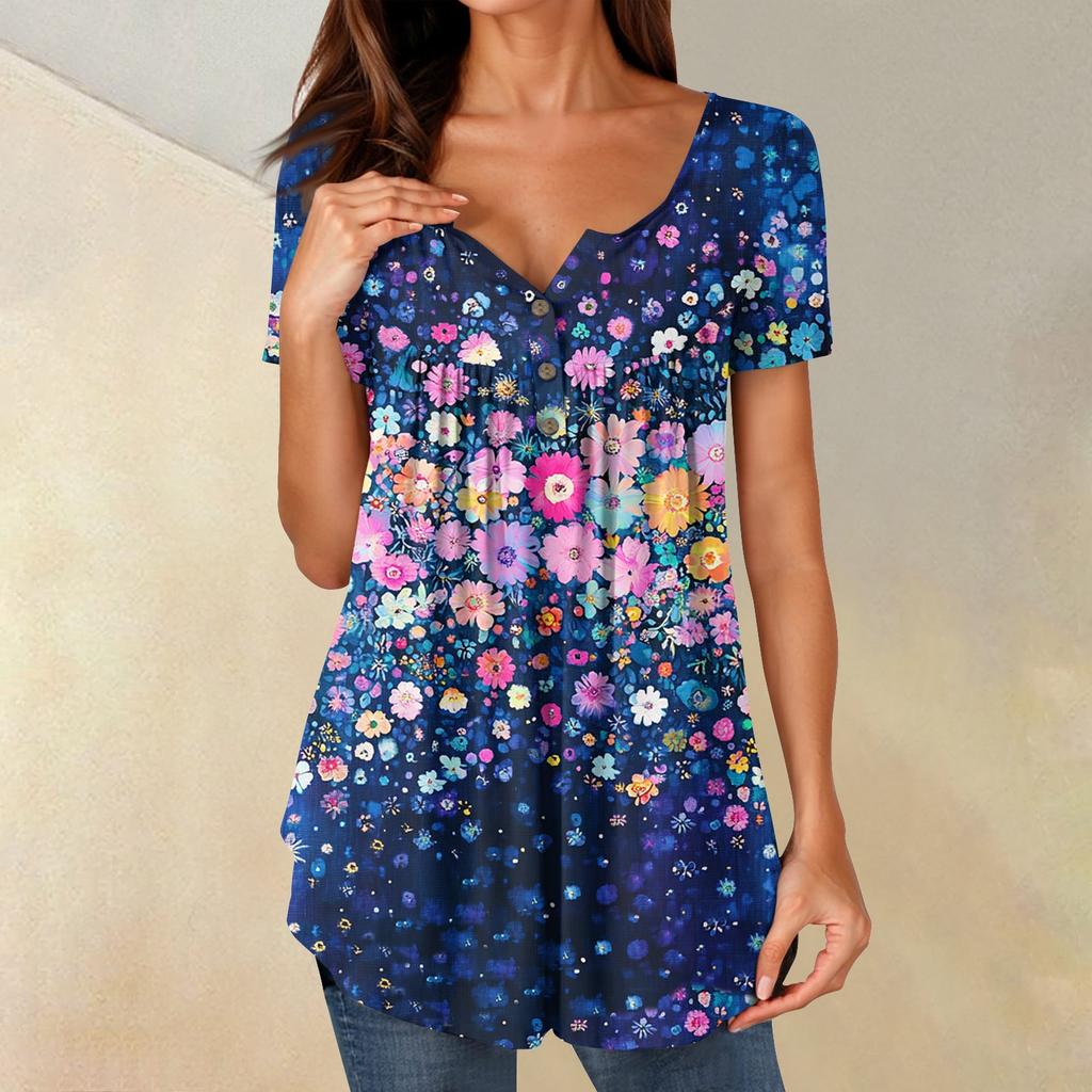 Women Tunic Tops Dressy Casual Summer Short Sleeve Shirts Loose Fit Pleated Boho Top