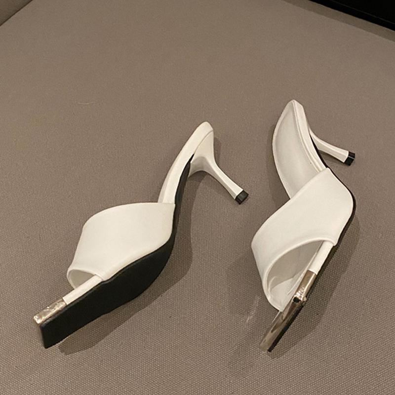 Низкие тонкие высокие каблуки женские зеленые кожаные тапочки модные металлические украшения квадратный носок летние сандалии шлепанцы туфли-лодочки размер 35-39