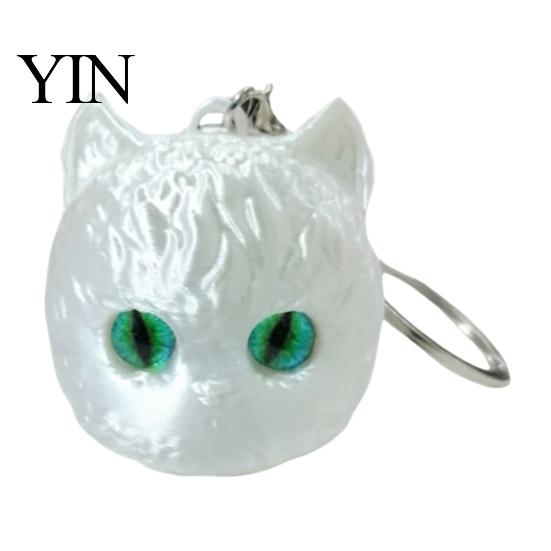 Cat Shaped Ornament 3D Printed Head Keychain, Cute Kawaii Kitten Bag Charm with Pearlescent Finish & Bright Playful Decoration Green Eyes, Lightweight