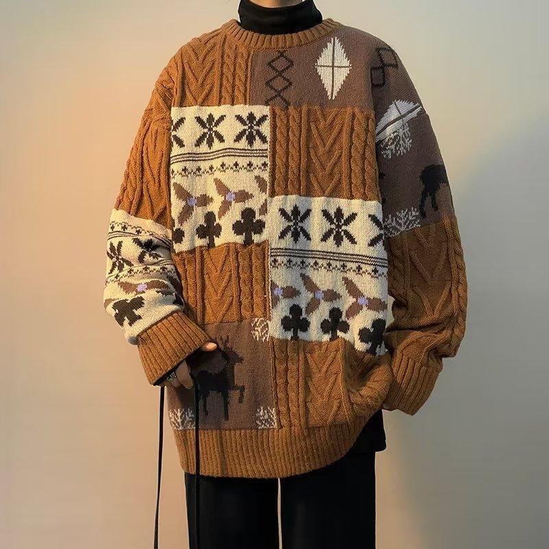 Sweater Men's Winter Thickened Lazy Base Knit Retro Stitched Warm Loose Thread Jacket