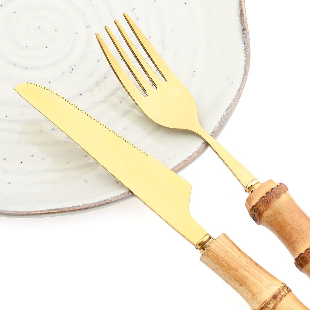 4 шт., набор столовых приборов с бамбуковой ручкой, набор посуды из нержавеющей стали, нож для стейка, вилка, кофейная чайная ложка, столовые приборы, кухонный набор посуды