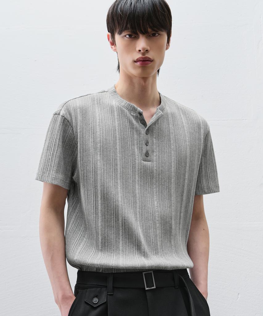 DRAW FIT Fine Ribbed Henley Neck Half T-Shirt [Melange]