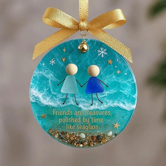 Sea Glass Friendship Ornament Handmade Sea Glass Art Friendship Keepsake Round Acrylic Christmas Tree Ornament for Xmas Party Decor