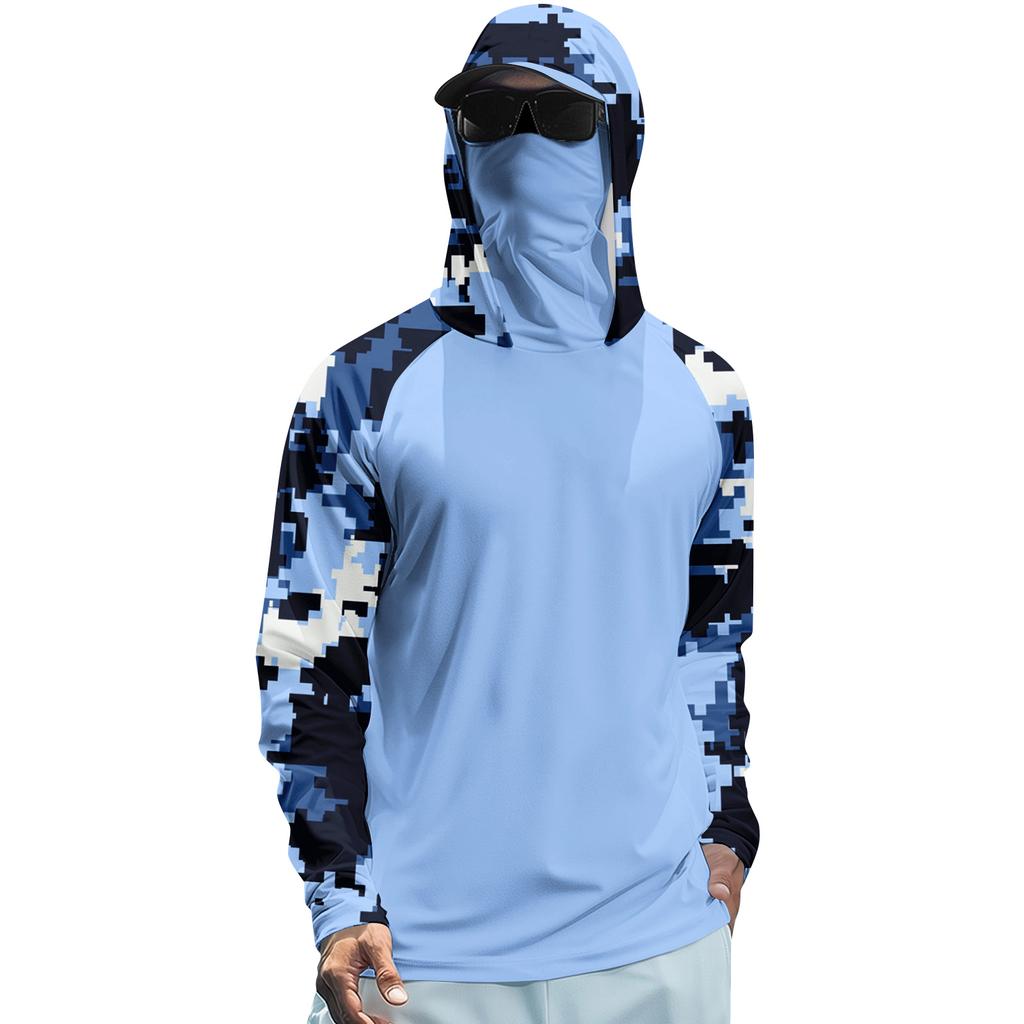 Long Sleeve Hooded Shirt with Digital Camouflage Print Raglan Sleeves Lightweight Pullover Top for Men Outdoor Activities