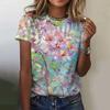 Красивая женская модная повседневная футболка с круглым вырезом и короткими рукавами с цифровой 3D-печатью с цветочным рисунком
