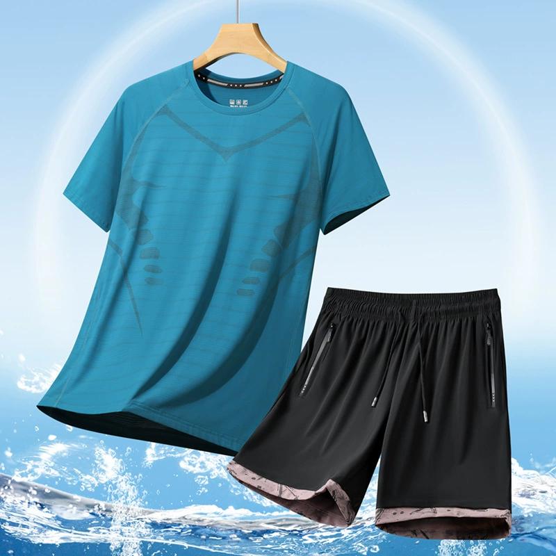 Большой размер футболка с коротким рукавом комплект для мужчин, тонкий шелк льда быстросохнущий мужской спортивный костюм с коротким рукавом, спортивный
