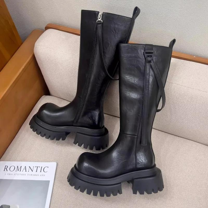Женские сапоги на платформе до колена, брендовые зимние туфли на высоком каблуке из кожи 2025 года, трендовые дизайнерские готические мотоциклетные ботинки на толстой подошве Mujer
