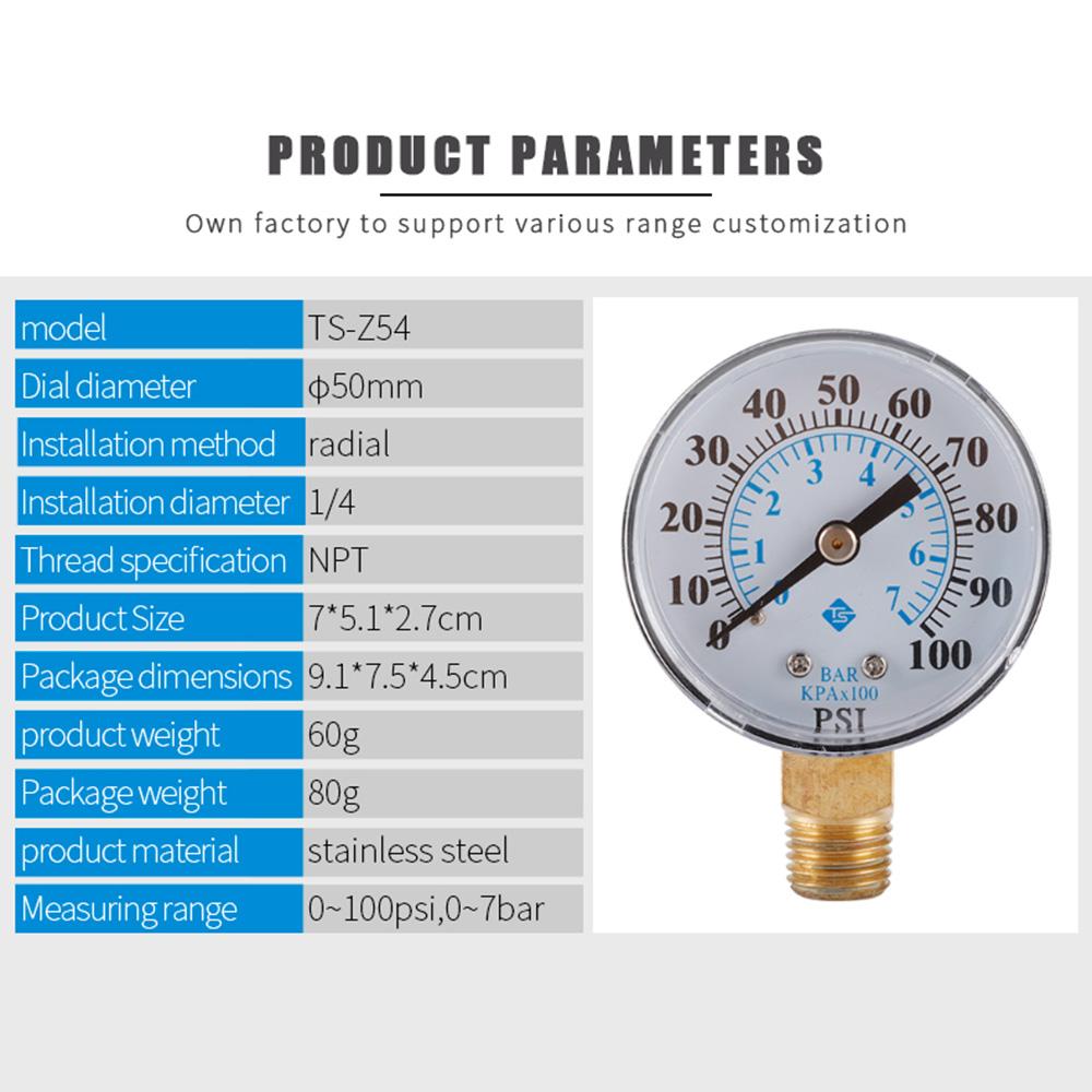 TS-Z54 0-100 PSI/0-7 Bar Dual Scale Pressure Gauge Pool Filter Aquarium Water Air Gas Pressure Gauge Meter 1/4 NPT Bottom Mount