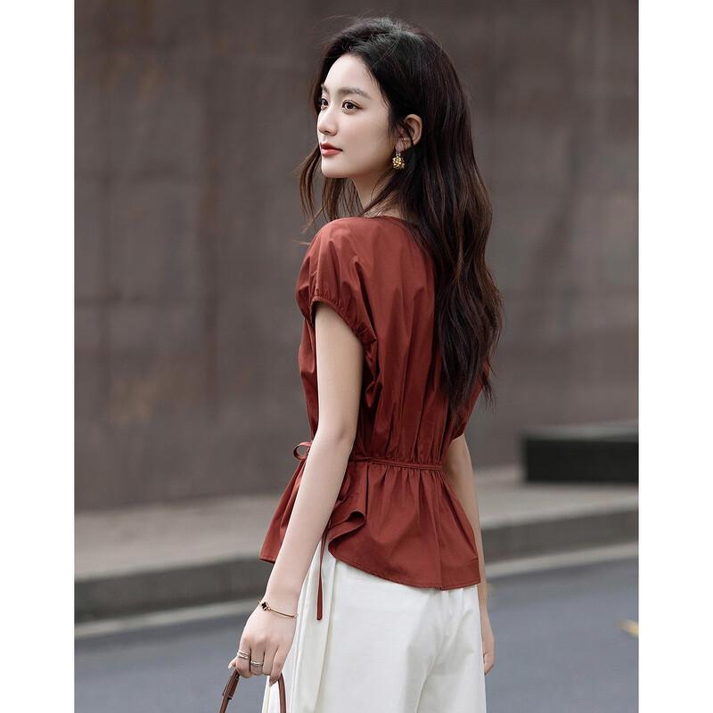 Demana Retro Rose French Puff Sleeve Tie-Up Shirt