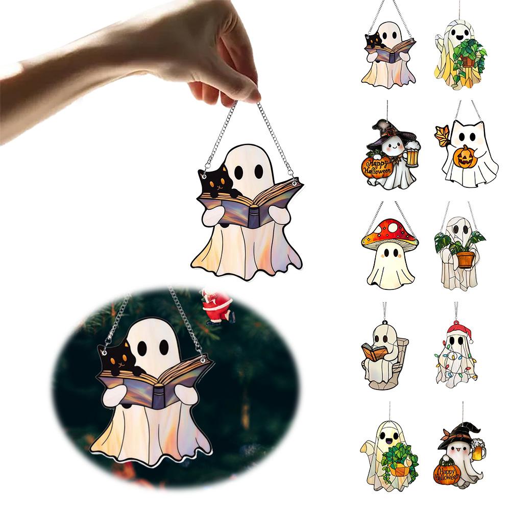 Ghost Sun Catcher Acrylic 2D Flat Halloween Tree Ornaments Cute Ghost Suncatcher for Window Decor Indoor Outdoor Holiday Crafts