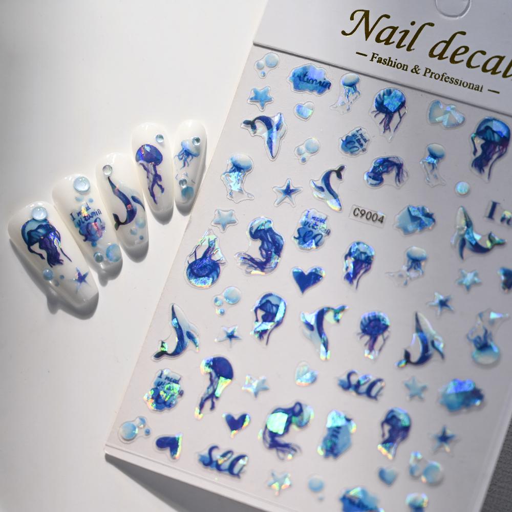 1 шт., летняя пляжная блестящая ракушка дельфина, морская звезда, наклейка для дизайна ногтей, океан, медуза, раковина, звезда, пузырь, дизайн, слайдер, маникюрные наклейки