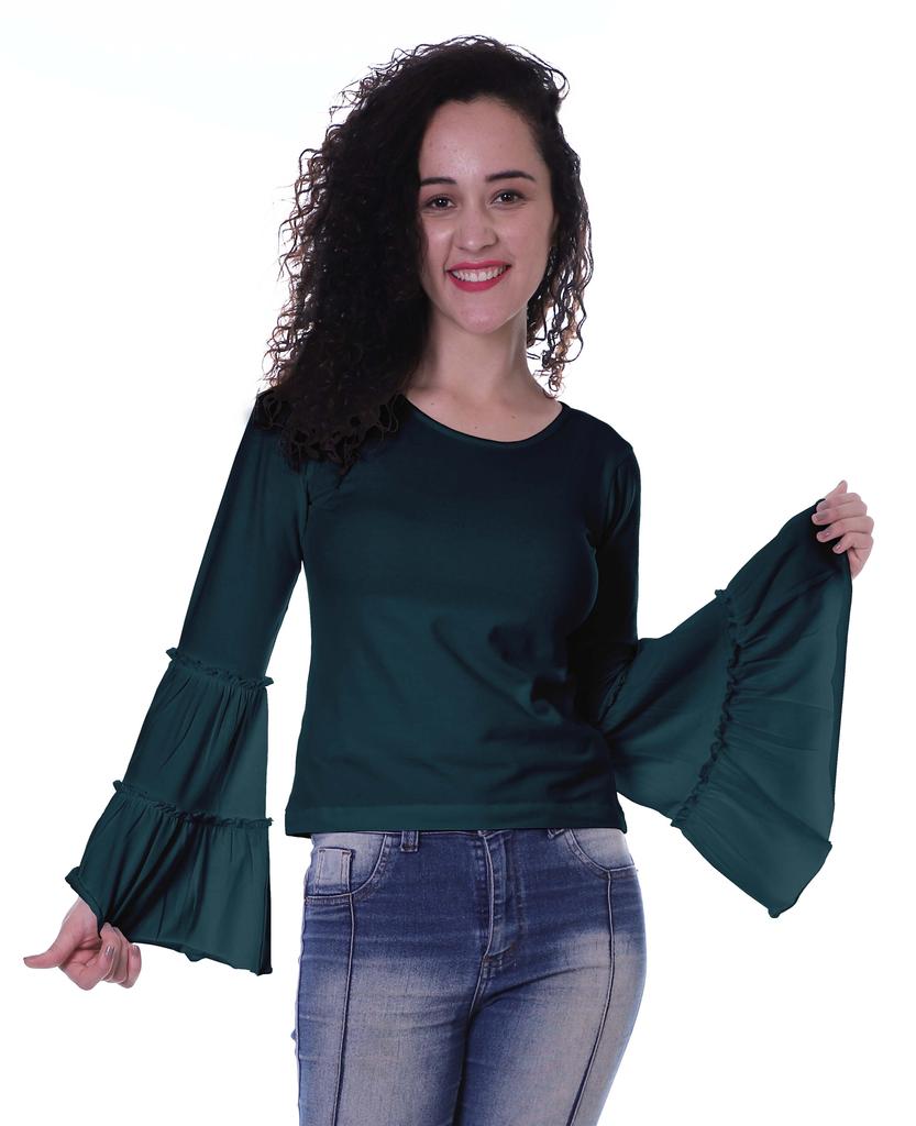 Moomaya Womens Long Bell Sleeves Tshirt Top Round Neck Plain Casual Fit Summer Tee