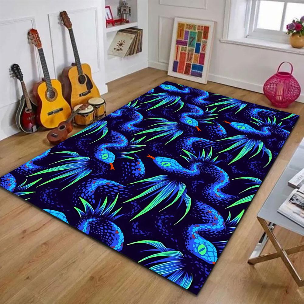 Neon Blue Serpents with Tropical Leaves Patterned carpet, suitable as a non slip play mat for the living room and bedroom sofa