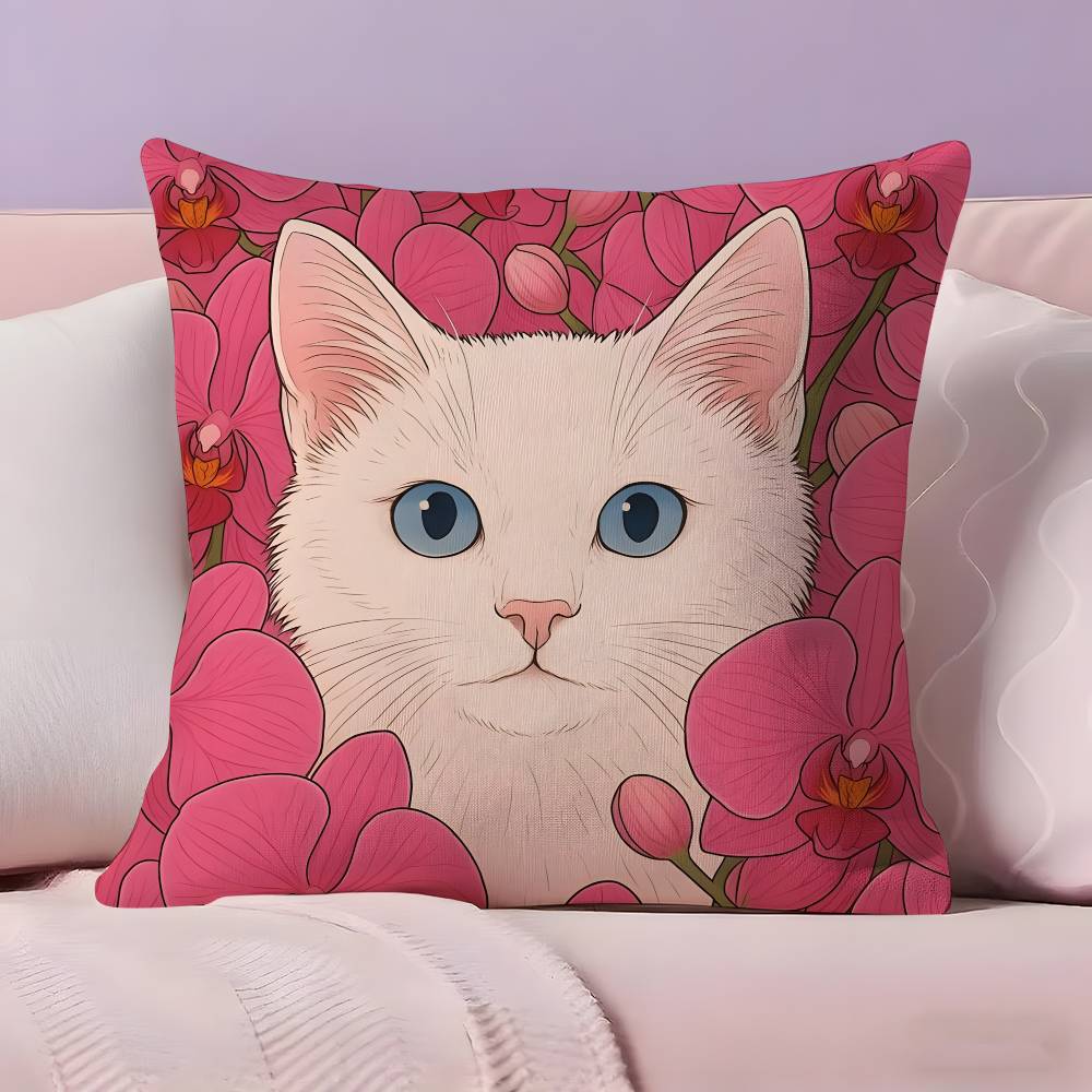 Cat in the flowers aesthetic Pillow Case Ultra Soft Skin Friendly Fabric Cloud Like Comfort & Concealed Zipper
