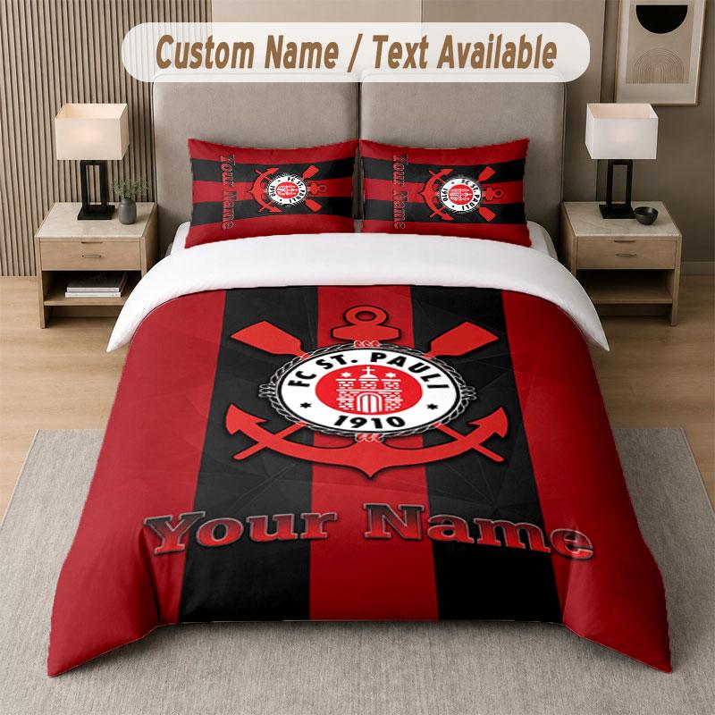 Custom Bedding Set FC St. Pauli Pattern, Print Name Text 1 Duvet Cover plus 2 Pillowcases Home Textile