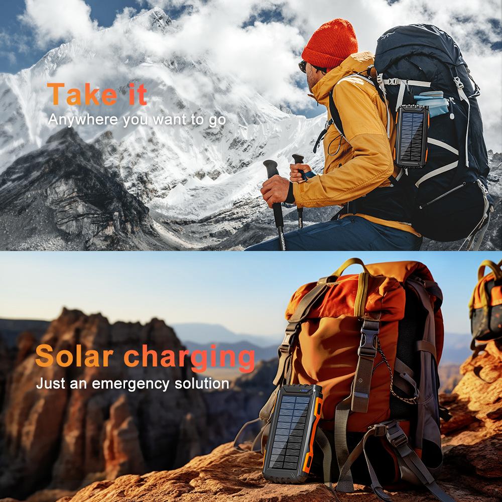 Портативное зарядное устройство на солнечной батарее 20000 мАч, внешний аккумулятор со светодиодной подсветкой для iPhone 15, 14, 13, Samsung, Huawei, Xiaomi