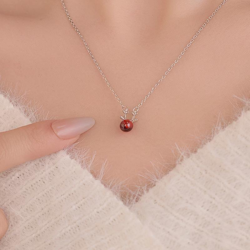 Ожерелье Banyan Tree S925 Silver Red Garnet с изображением лося - простая корейская рождественская цепочка на ключицу для женщин