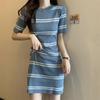 Контрастное полосатое вязаное платье с коротким рукавом для женщин летнее французское ретро темпераментное шикарное облегающее мини-платье