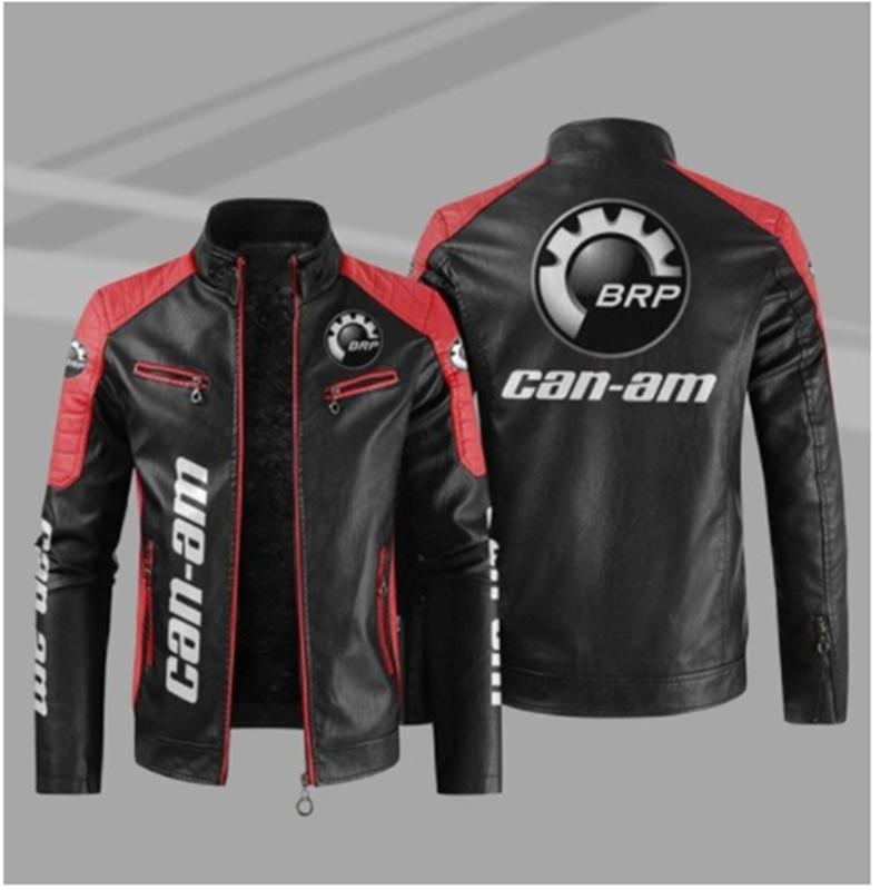 Men's PU Leather Winter Can-am Logo Fashion Motorcycle Bomber Zipper Long Sleeve Jacket Outwear Keep Warm Male Coat