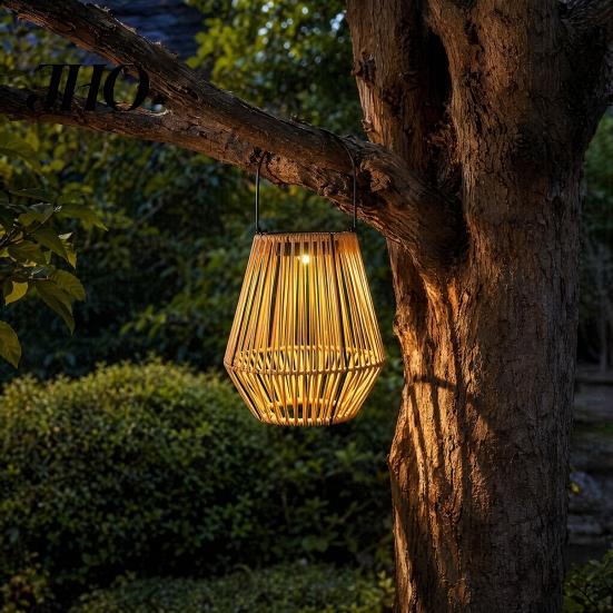 No Wiring Solar Light Rattan Woven Lantern, Outdoor Faux Light, Rustic Waterproof Ambient Lighting Powered Hanging Lantern for Garden Balcony