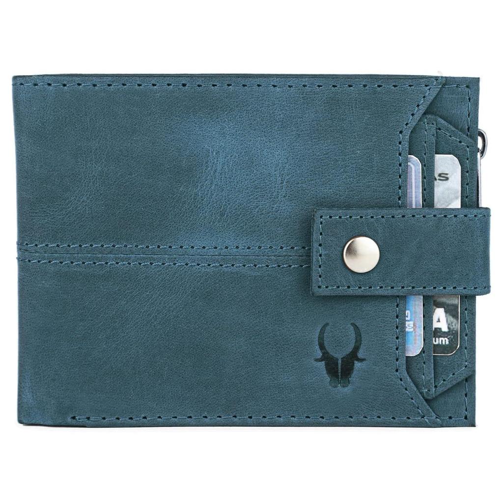 Leather Wallet for Men Ultra Strong Stitching Handcrafted Zip Wallet with 9 Card Slots 2 ID Slots (Blue Hunter)