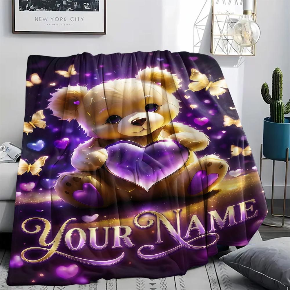 1PC Custom Name Forest Bear Heart Patterned Flannel Blanket Suitable For All Seasons for Home Decor Warmth and Comfort Gifts Holiday Present_lx