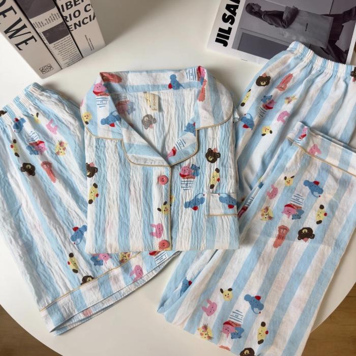 Print Striped Cartoon Dog Pajamas Set for Women V-neck Soft Y2K All-match 3 Piece Pajamas Set Autumn Winter New Casual Nightwear