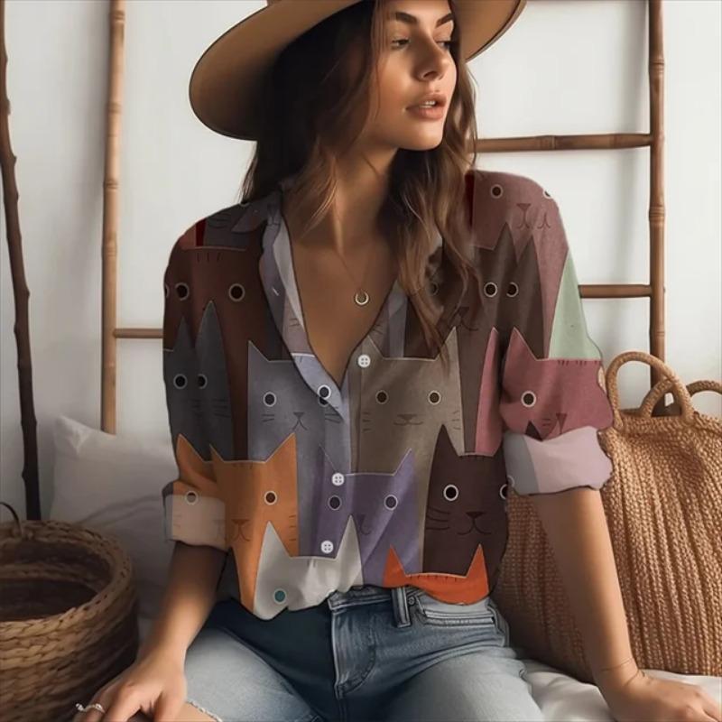 Sweet Cute Women's Shirt Casual Loose Comfortable Button Lapel Fashion Shirt Cartoon Cat Print Long Sleeve Womens Blouses Spring