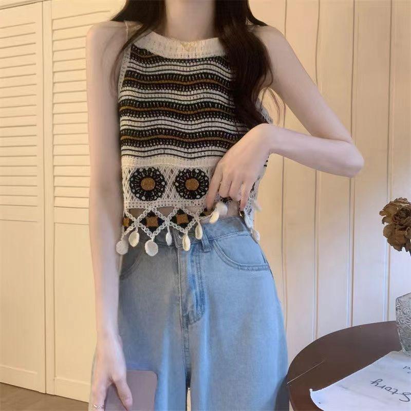Вязаный крючком топ-майка с ажурной цветочной вышивкой, женский летний, ретро, этнический дизайн, с кисточками, короткий