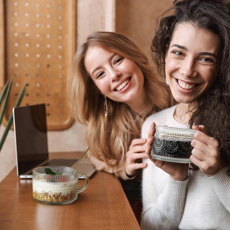 Винтажные кофейные кружки, контейнеры для овса на ночь с ложками, прозрачные стеклянные чашки с тиснением, идеально подходящие для капучино, чая, латте, кухонные принадлежности