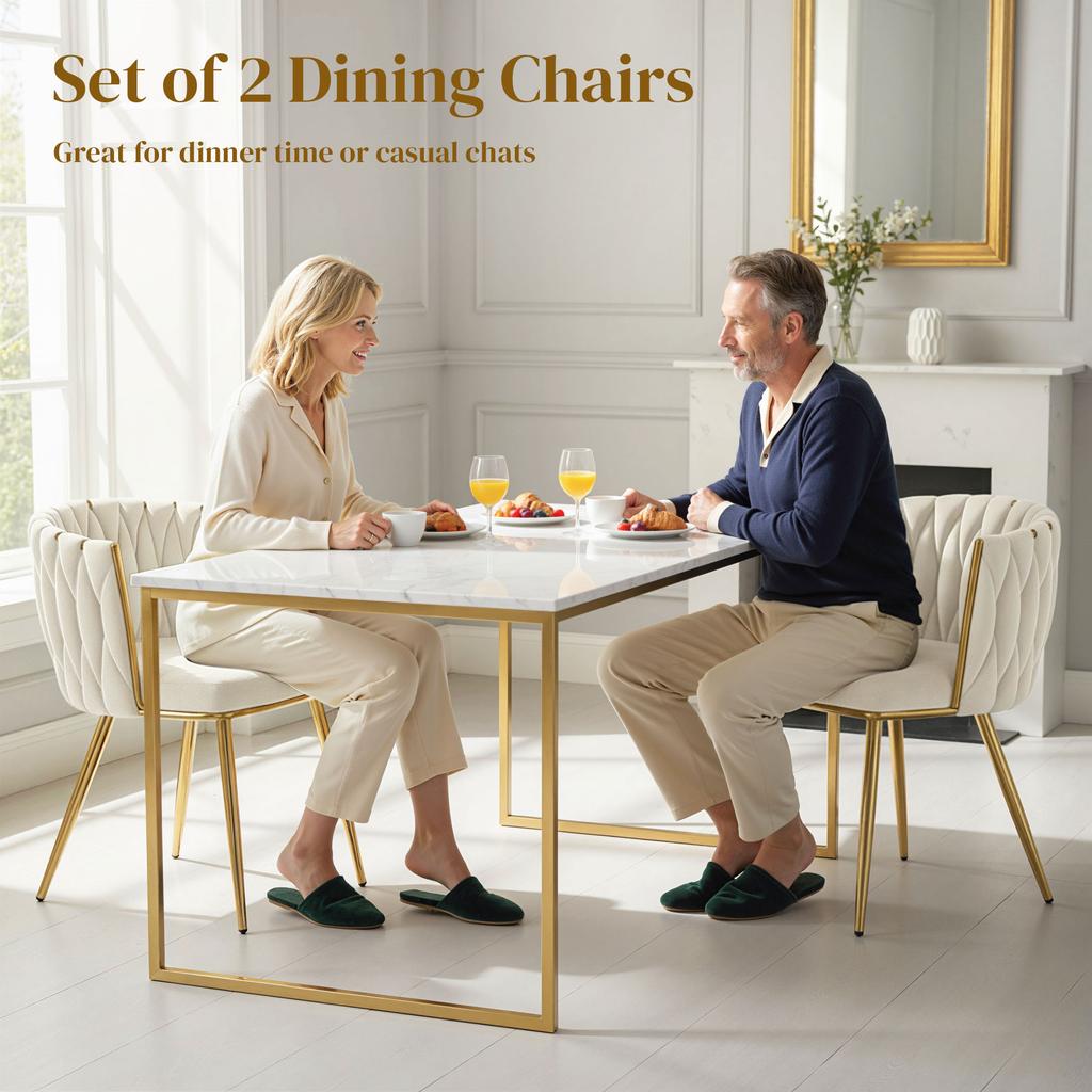 Velvet-Feel Dining Chairs Set of 2, Modern Upholstered Armchair with Knot Design and Golden Metal Legs, Accent Chair for Dining Room, Bedroom