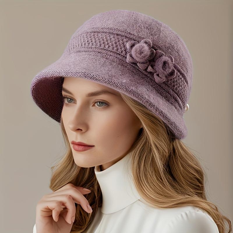 Elegant Winter Beanie For Women - Cozy Knit With Floral Accent, Perfect For Middle-Aged & Elderly, Stretch Fit, Hand Washable