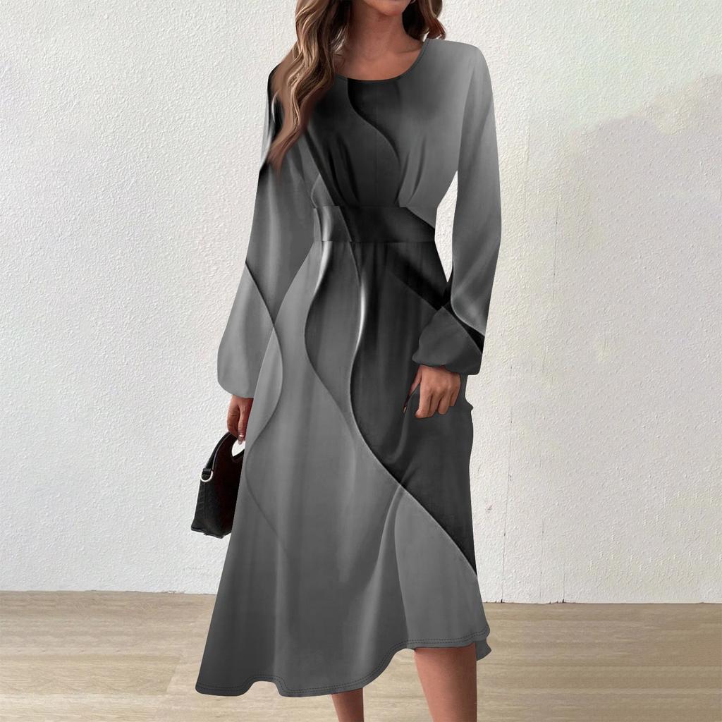 Женское осенне-зимнее повседневное модное платье с круглым вырезом и длинным рукавом с принтом