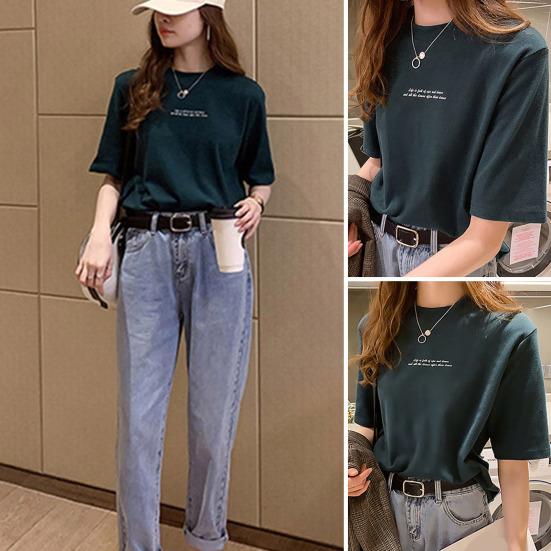 Женская футболка с однотонным буквенным принтом, свободная шея, короткие рукава