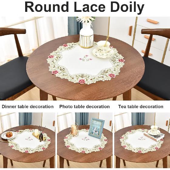 Wolkemer 2 Pack Small Round Doily Embroidered Place Mat Lace Table Topper Vintage Beige End Table Cover for Coffee Wedding Dinning Party 20 Inch